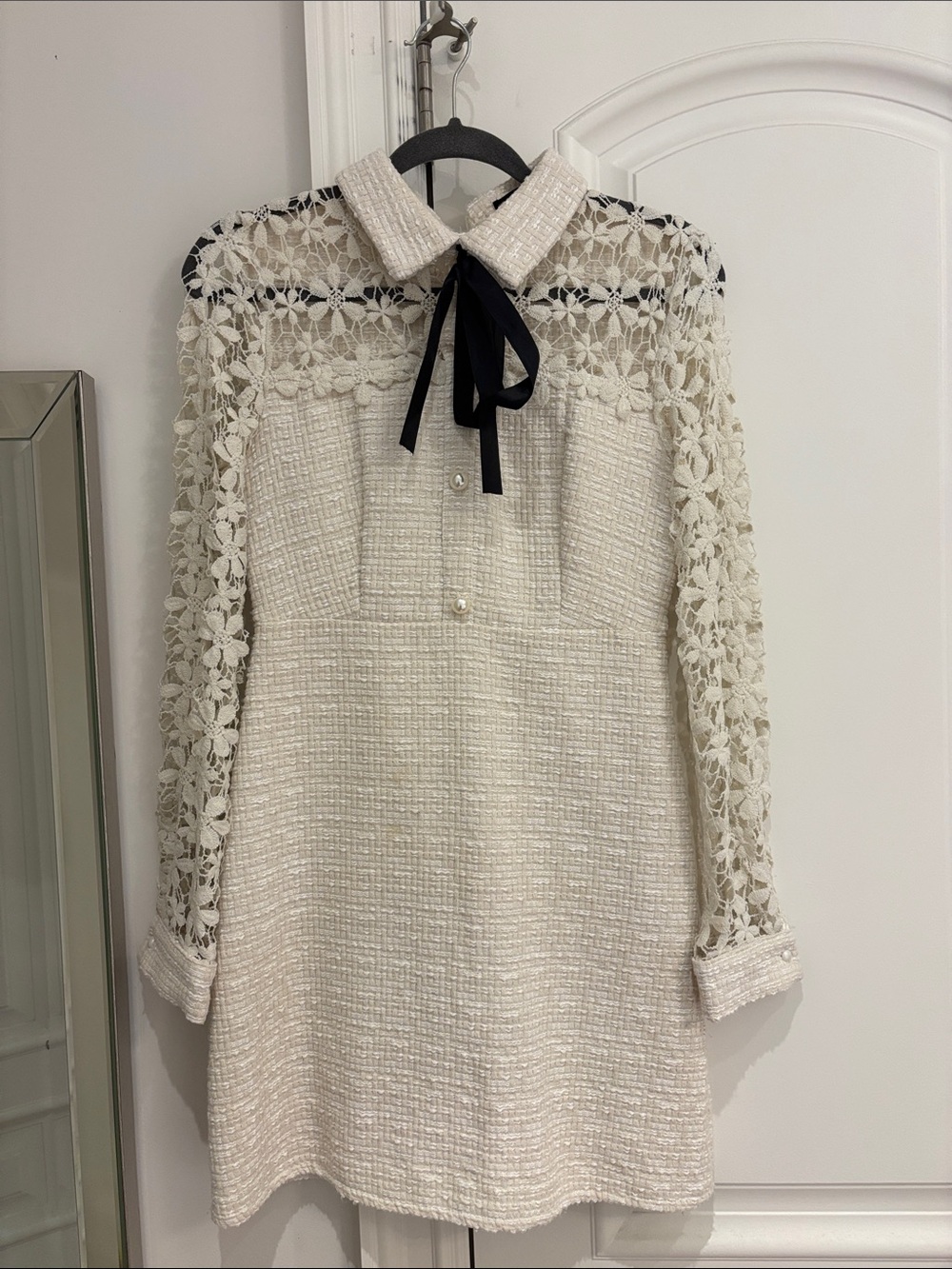 SHEIN Cream Lace Yoke Tweed Dress with Black Ribbon